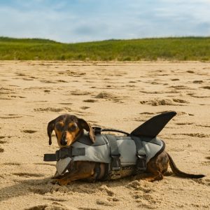 Dog in The Shark Life Jacket on The Beach