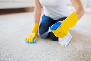 close up of woman with cloth cleaning carpet