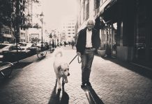 man walking dog leash