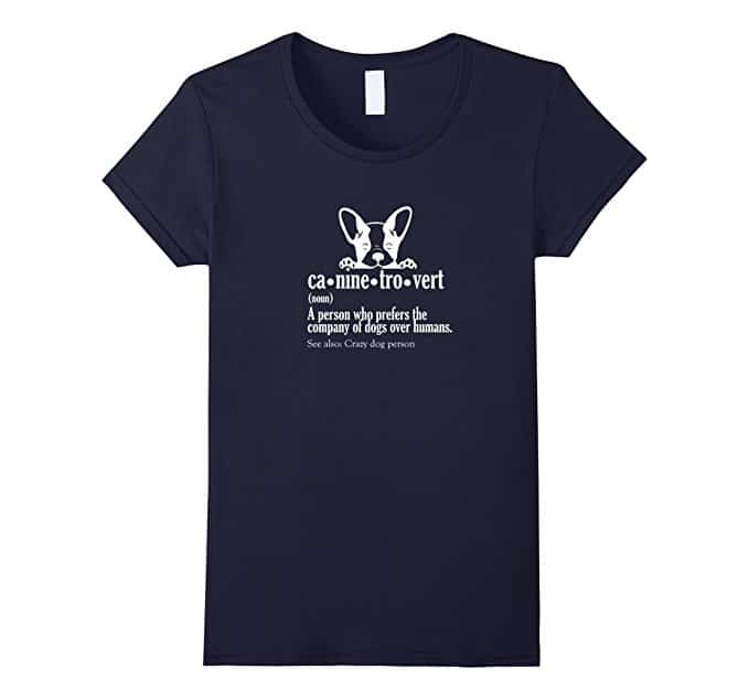 Dark T-shirt with white dog and writing CA-NINE-TRA-VERT