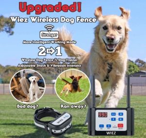 WIEZ Wireless Dog Fence Electric & Training Collar 2-in-1, Dual Antenna, Adjustable Range Control 100-990 ft