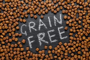 Grain Free Dog Kibble Thrown on the Black Board with a White Chalk Words